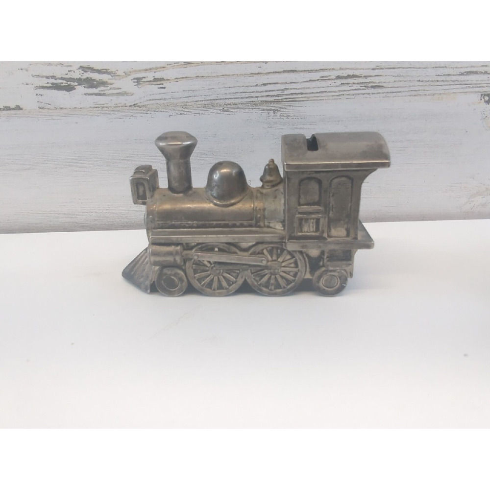 Train Locomotive Metal Coin Piggy Bank Pewter Finish A.M.R. 6" x 2" X‎ 3.5" Read